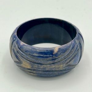 SOLD- Vintage chunky 1.5" distressed wood bracelet in blues with warm gold